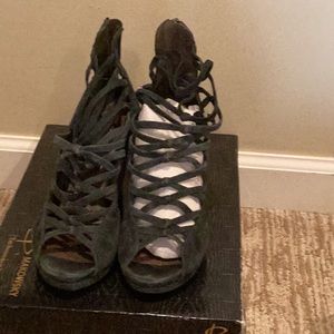 Gray suede wedge sandals